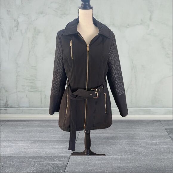 Michael Kors Black Belted Coat with Gold Hardware & Hood – Women’s Large - Picture 2 of 12